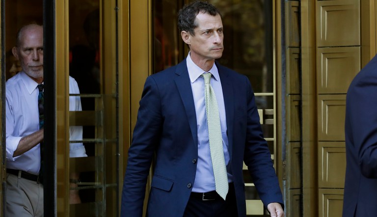 Former Congressman Anthony Weiner (D-N.Y.), right, leaves federal court following his sentencing, Monday, Sept. 25, 2017, in New York. Weiner was sentenced to 21 months in a sexting case that rocked the presidential race. 