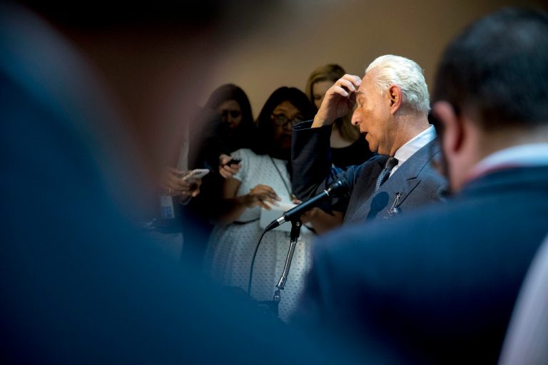 Longtime Donald Trump associate Roger Stone speaks to members of the media after testifying before the House Intelligence Committee, on Capitol Hill, Tuesday, Sept. 26, 2017, in Washington. Stone says there is "not one shred of evidence" that he was involved with Russian interference in the 2016 election. Stone's interview comes as the House and Senate intelligence panels are looking into the Russian meddling and possible links to Trump's campaign.