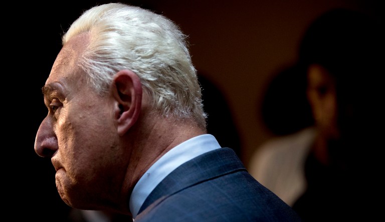 Longtime Donald Trump associate Roger Stone pauses while speaking to members of the media after testifying before the House Intelligence Committee, on Capitol Hill, Tuesday, Sept. 26, 2017, in Washington.