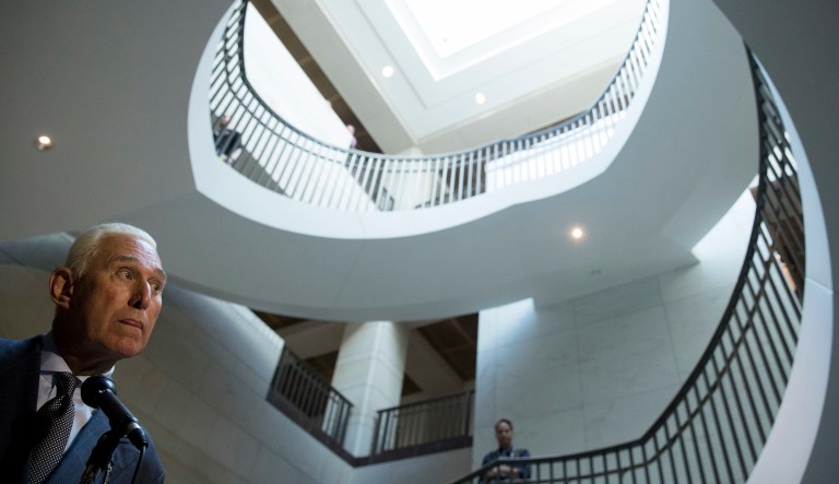 Longtime Donald Trump associate Roger Stone takes a question from a member of the media after testifying before the House Intelligence Committee, on Capitol Hill, Tuesday, Sept. 26, 2017, in Washington. 