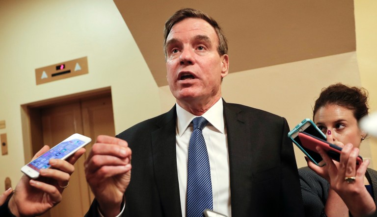 Senate Intelligence Committee Vice Chairman Sen. Mark Warner, D-Va., speaks with reporters on Capitol Hill in D.C.
