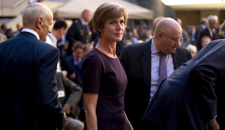 Former U.S. Deputy Attorney General Sally Yates arrives for a ceremony at the FBI Building, Thursday, Sept. 28, 2017, in Washington.