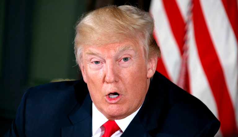 President Trump speaks during a press briefing.