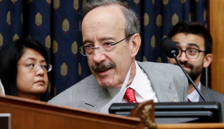 House Foreign Affairs Committee Chairman Ed Royce, R-Calif., left, greets Rep. Eliot Engel, D-N.Y., the ranking member, during a markup of a bill to expand sanctions against Iran with respect to its ballistic missile program, on Capitol Hill in Washington, Thursday, Oct. 12, 2017.