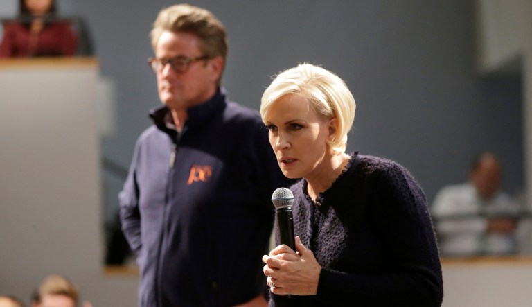Joe Scarborough and Mika Brzezinski, co-hosts of the MSNBC show "Morning Joe," take questions from an audience on Oct. 11, 2017, on the campus of Harvard University, in Cambridge, Mass.