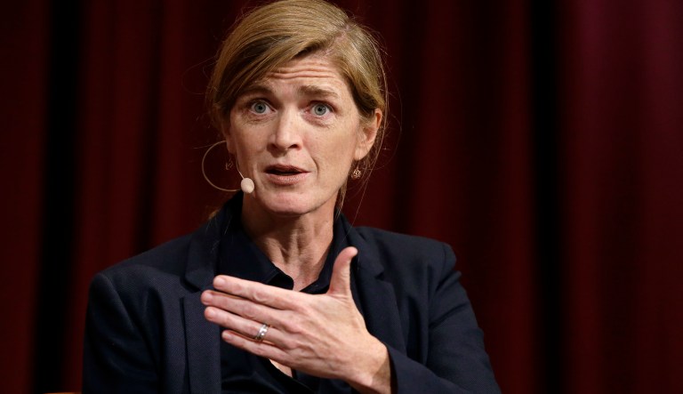 Harvard professor Samantha Power, former U.S. Ambassador to the United Nations, addresses an audience, Monday, Oct. 16, 2017, at a forum called "Perspectives on National Security," at the John F. Kennedy School of Government, on the campus of Harvard University, in Cambridge, Mass. 