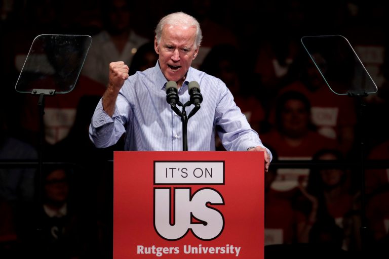 Former Vice President Joe Biden delivers remarks regarding sexual violence on college campuses during a visit to Rutgers University, Thursday, Oct. 12, 2017, in New Brunswick, N.J.