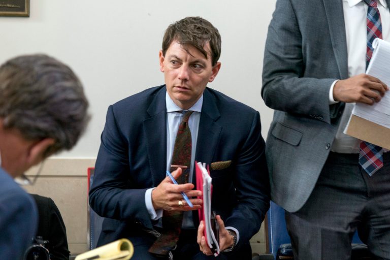 White House deputy press secretary Hogan Gidley departs following a briefing in the Brady Press Briefing Room of the White House.