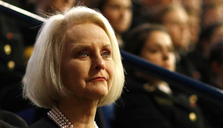 Cindy McCain, the wife of the late Sen. John McCain, R-Ariz., listens as her husband is introduced at the U.S. Naval Academy in Annapolis, Md., on Oct. 30, 2017.