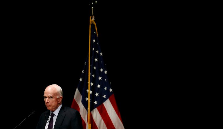 Sen. John McCain, R-Ariz., delivers remarks at the U.S. Naval Academy in Annapolis, Md., Monday, Oct. 30, 2017. 
