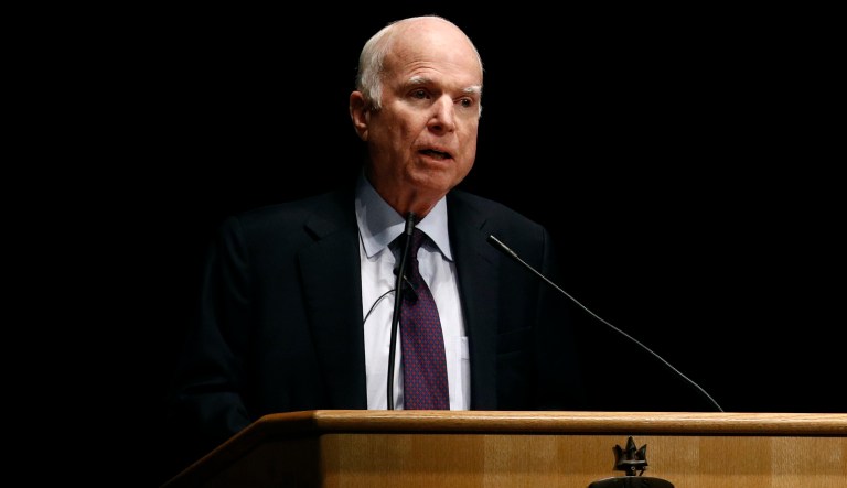 Sen. John McCain, R-Ariz., delivers remarks at the U.S. Naval Academy in Annapolis, Md., Monday, Oct. 30, 2017. McCain, who graduated from the Academy in 1958, returned to his alma mater to address the Brigade of Midshipmen on leadership and service to the nation. 