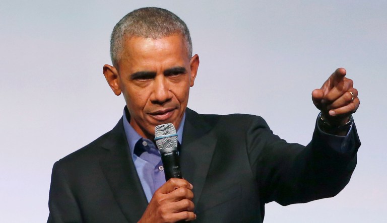 In this Nov. 1, 2017 photo, former President Barack Obama addresses the crowd.