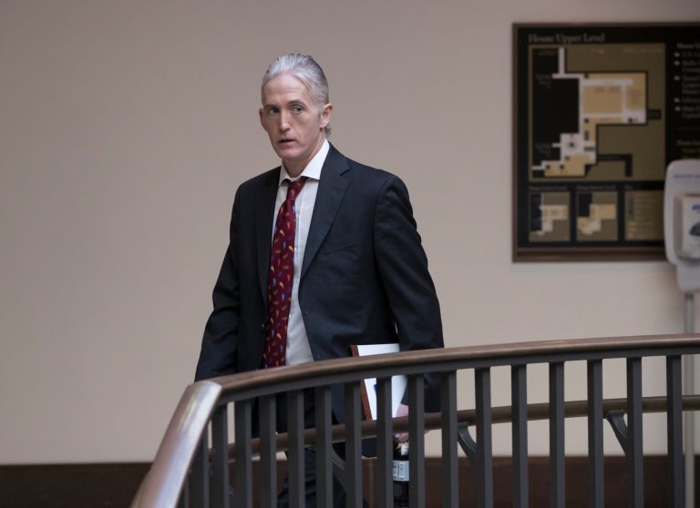 Rep. Trey Gowdy, R-S.C., a member of the House Intelligence Committee, heads to a closed-door session with former acting Attorney General Sally Yates, on Capitol Hill in Washington, Friday, Nov. 3, 2017. Yates was the first to alert the White House to problems with ex-national security adviser Michael Flynn.
