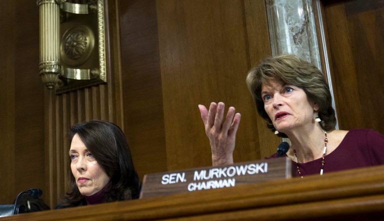 Senate Energy and Natural Resources Committee Chair Sen. Lisa Murkowski, R-Alaska, right, speaks as committee's ranking member Sen. Maria Cantwell, D-Wash., looks on, during a hearing on Capitol Hill. The duo is seeking to soon advance a comprehensive energy bill they co-authored that would be the first update to the countryâs energy policies from Congress in a decade.