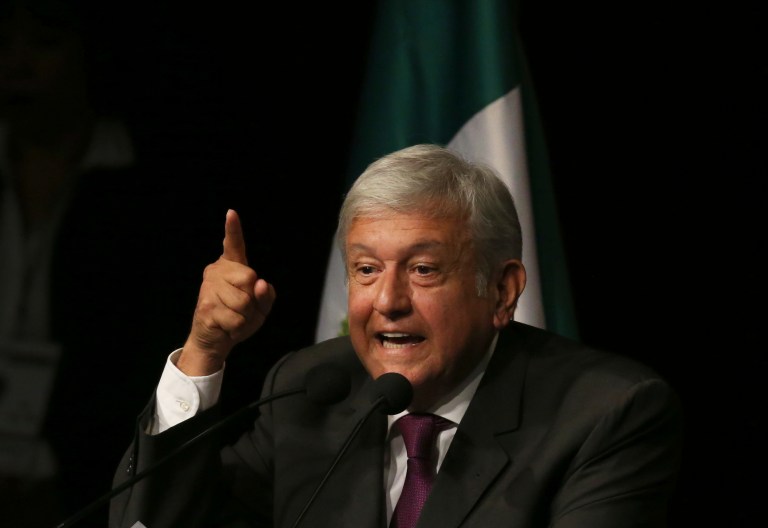 Mexican politician Andres Manuel Lopez Obrador speaks at the National Auditorium in Mexico City.