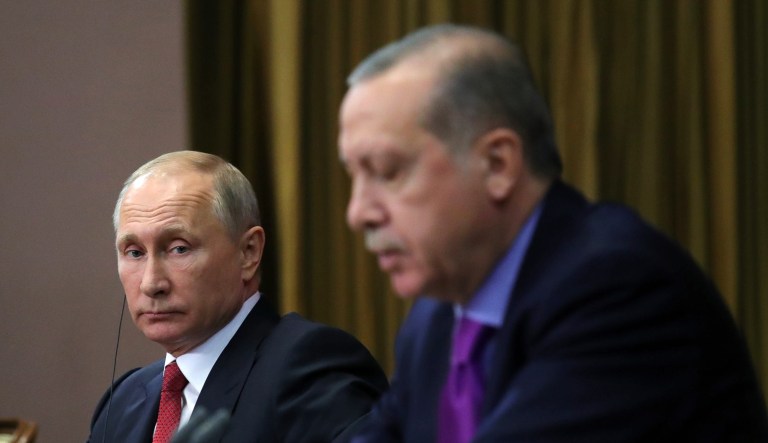 Turkey's President Recep Tayyip Erdogan and Russia's President Vladimir Putin attend a news conference in Russia's Black Sea resort of Sochi, Russia, Nov. 22, 2017.