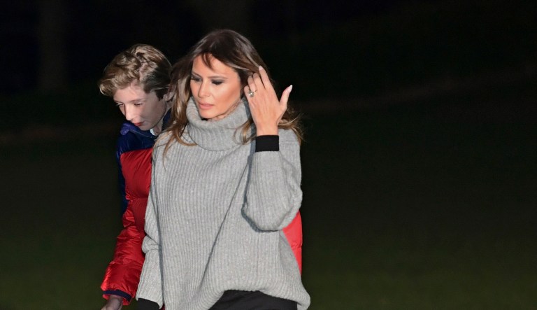 First lady Melania Trump and her son Barron Trump on the South Lawn of the White House. 