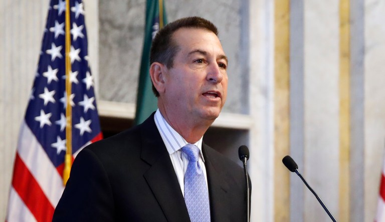 Joseph M. Otting speaks after his swearing in ceremony as comptroller of the currency, at the Treasury Department on Nov. 27, 2017 in Washington.