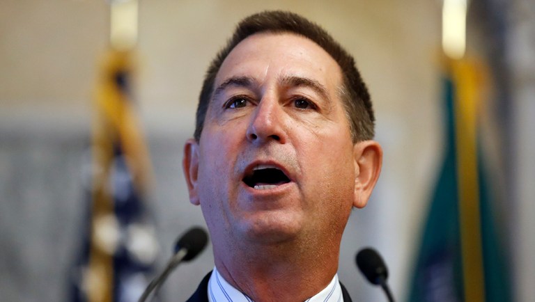 Joseph M. Otting speaks after his swearing in ceremony as Comptroller of the Currency.