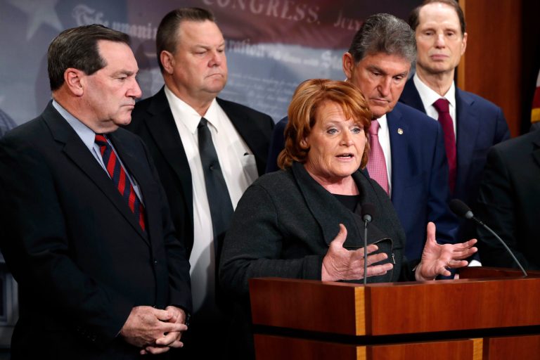 Sen. Heidi Heitkamp, D-N.D., speaks, as she is accompanied by Sen. Joe Donnelly, D-Ind., left, Sen. Jon Tester, D-Mont., Sen. Joe Manchin, D-W.Va., and Sen. Ron Wyden, D-Ore., during a news conference about their hopes for a bipartisan approach to tax reform, Tuesday, Nov. 28, 2017, on Capitol Hill in Washington.