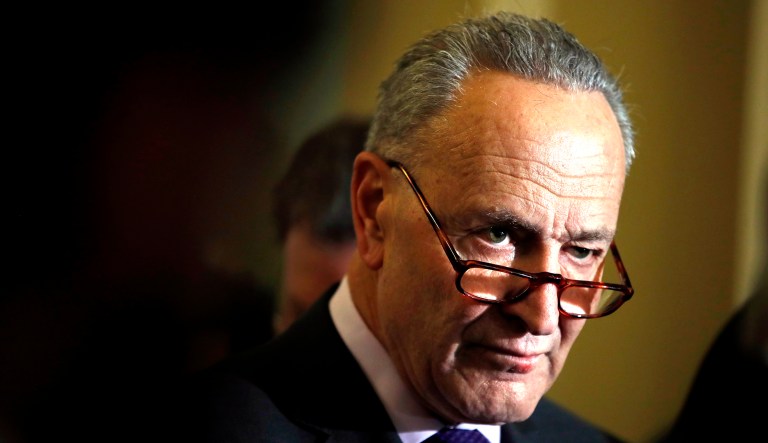 Senate Minority Leader Chuck Schumer, D-N.Y., appears a news conference with Senate Democratic leadership on Capitol Hill in Washington.