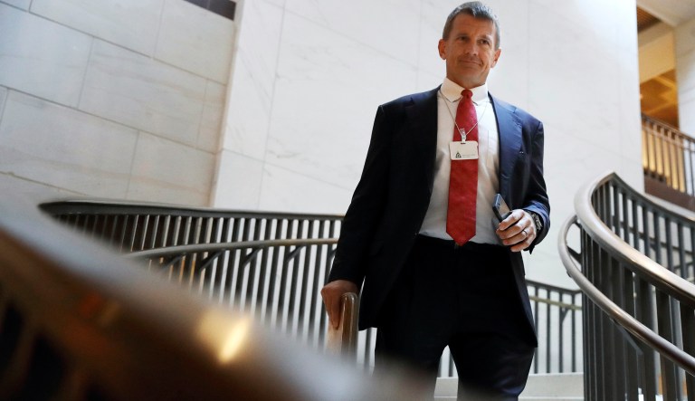 Blackwater founder Erik Prince arrives for a closed meeting with members of the House Intelligence Committee, Thursday, Nov. 30, 2017, on Capitol Hill in Washington.