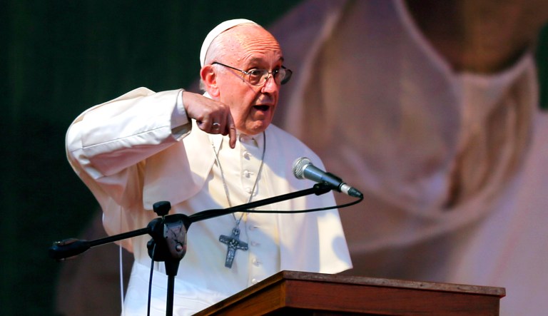 Pope Francis gives a speech.