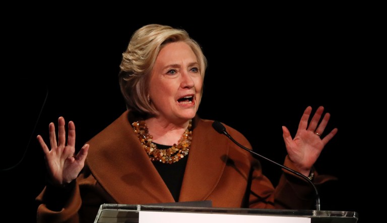 Former Secretary of State Hillary Clinton speaks during a benefit to celebrate the 25th anniversary of Rabbi Sharon Kleinbaum at the Congregation Beit Simchat Torah in New York.