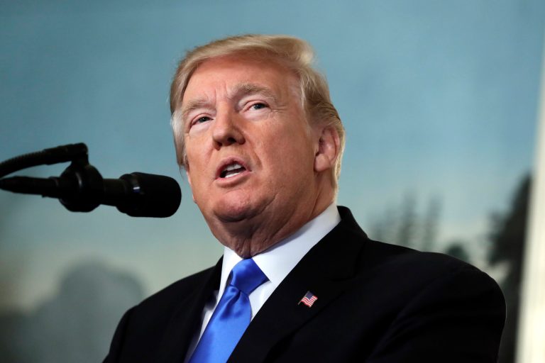 President Trump speaks in the Diplomatic Reception Room of the White House in Washington, D.C.