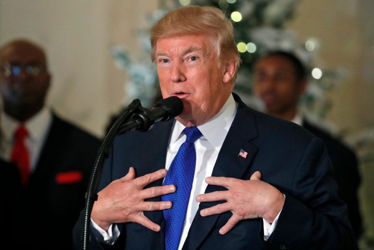 President Donald Trump speaks about tax reform in the Grand Foyer of the White House, Wednesday, Dec. 13, 2017, in Washington.
