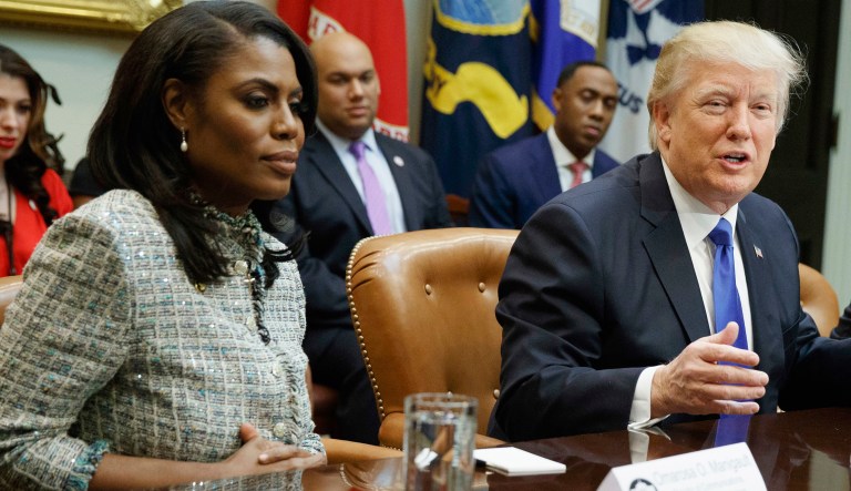 President Trump speaks during a meeting in the Roosevelt Room of the White House in Washington with Omarosa Manigault-Newman