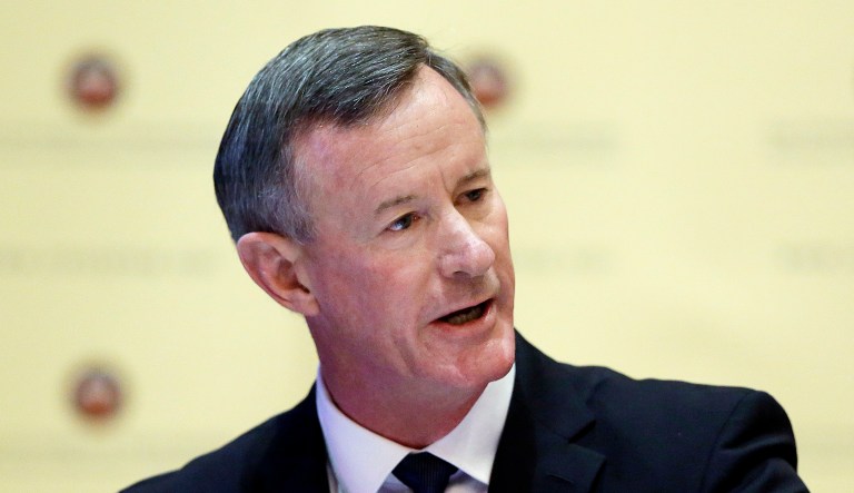 Then-University of Texas System Chancellor and U.S. Navy Adm. William McRaven addresses the Texas Board of Regents. McRaven, the former head of U.S. Special Operations Command who directed the raid that killed Osama Bin Laden, wrote an opinion article about President Trump's decision to revoke former CIA Director John Brennan's security clearance.