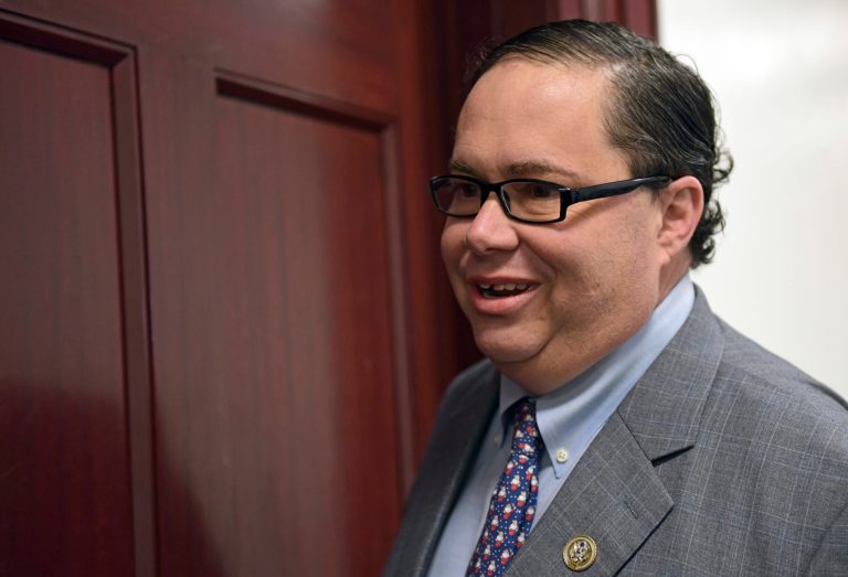 In this 2017 photo, former Rep. Blake Farenthold, R-Texas, arrives for a meeting of House Republicans on Capitol Hill in Washington.