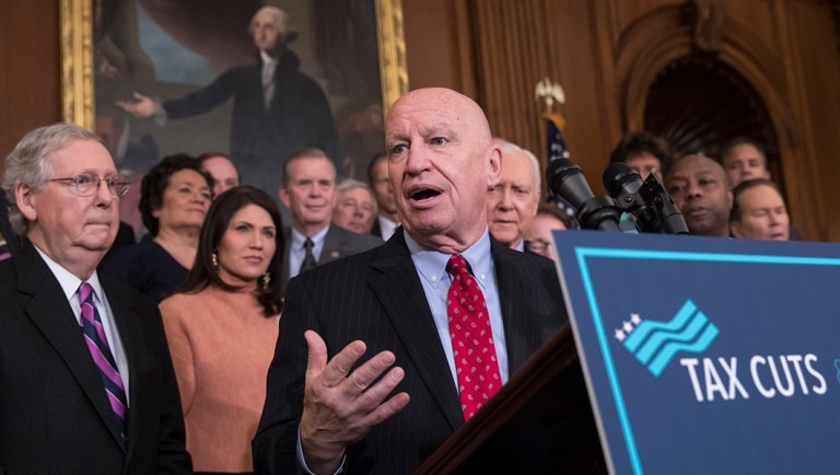 House Ways and Means Committee Chairman Kevin Brady, R-Texas, steward of the GOP tax bill, speaks before the final version of the legislation is signed.