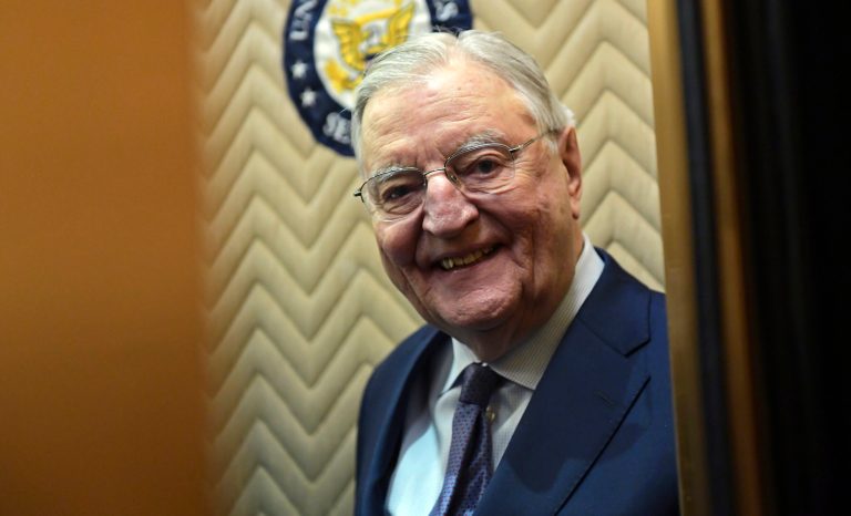 Former Vice President Walter Mondale smiles as he gets on an elevator on Capitol Hill in Washington, Wednesday, Jan. 3, 2018. 