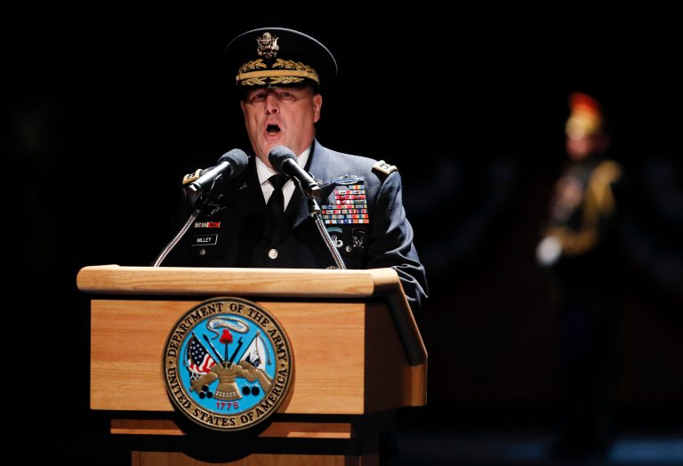 Gen. Mark A. Milley, 39th Chief of Staff United States Army, speaks at Conmy Hall, Joint Base Myer-Henderson Hall, Va. Friday, Jan. 5, 2018, during a full honor arrival ceremony in honor of the 23rd Secretary of the Army, Mark Esper. 