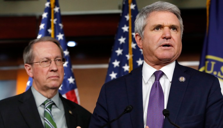 House Judiciary Committee Chairman Rep. Bob Goodlatte, R-Va., and House Homeland Security Committee Chairman Rep. Michael McCaul, R-Texas, speaks during a news conference on their immigration bill. 