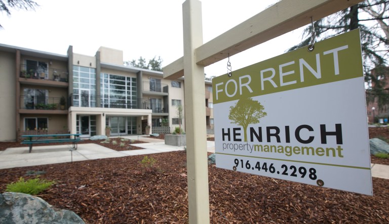 This Monday, Jan. 8, 2017 photo shows a "For Rent" sign outside an apartment building in Sacramento, Calif. Lawmakers are considering a measure, sponsored by Assemblyman Richard Bloom, D-Santa Monica, that would allow California communities to expand rent control policies amid rising housing costs.