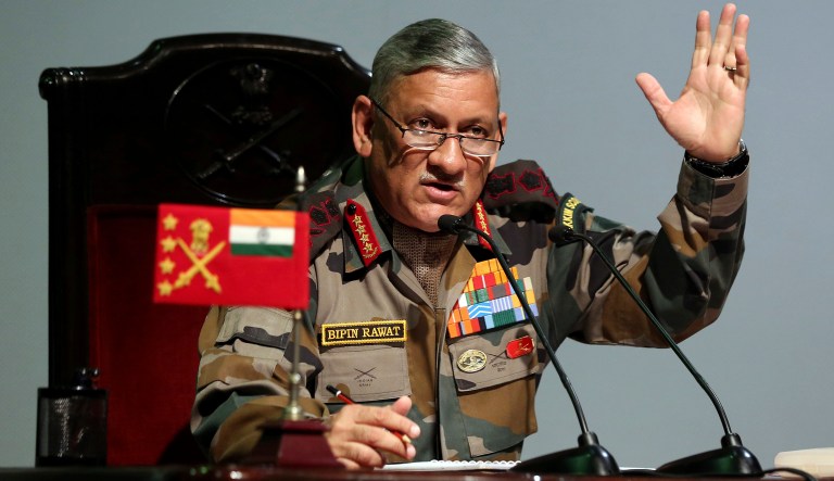 Indian Army Chief Bipin Rawat speaks during a press conference ahead of Army Day in New Delhi, India, Friday, Jan. 12, 2018. Army Day in India will be celebrated on Jan. 15.