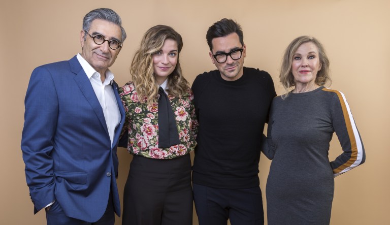 Eugene Levy, from left, Annie Murphy, Daniel Levy and Catherine O'Hara cast members in the Pop TV series 'Schittâs Creek' pose for a portrait during the 2018 Television Critics Association Winter Press Tour at the Langham Hotel on Sunday, Jan. 14, 2018, in Pasadena, Calif.