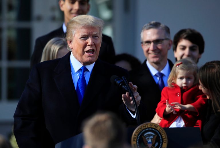 President Trump speaks to participants of the annual March for Life event in the Rose Garden of the White House in Washington, Friday, Jan. 19, 2018.