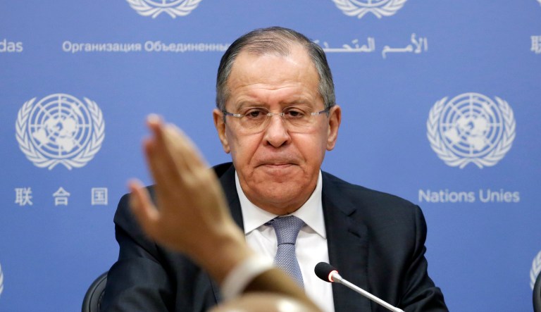 Russia's Foreign Minister Sergei Lavrov speaks during a news conference at United Nations headquarters.