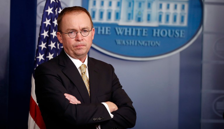 Director of the Office of Management and Budget Mick Mulvaney stands during a press briefing at the White House, Saturday, Jan. 20, 2018, in Washington.
