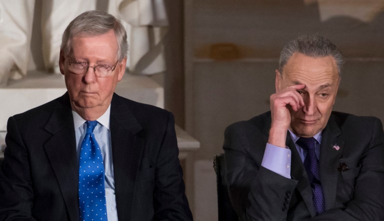 Senate Majority Leader Mitch McConnell, R-Ky., and Senate Minority Leader Chuck Schumer, D-N.Y., sit together at the Capitol in Washington on Jan. 17, 2018. 