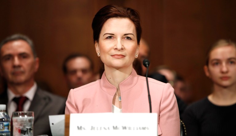 Jelena McWilliams attends a Senate Banking Committee hearing on her nomination on Capitol Hill in Washington. McWilliams is nominated to be the chairwoman and a member of the Board of Directors of the Federal Deposit Insurance Corporation.