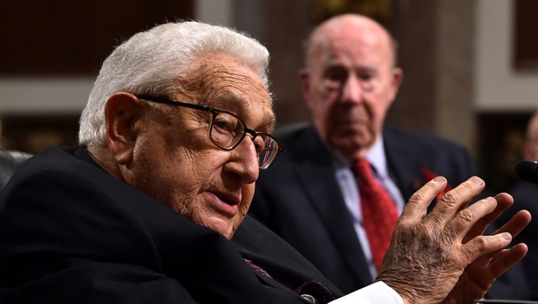 Former Secretary of State Henry Kissinger speaks during the Senate Armed Services Committee hearing on Capitol Hill.