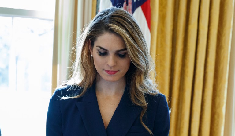 Then-White House communications director Hope Hicks listens during a meeting between President Trump and North Korean defectors in the Oval Office of the White House on Feb. 2, 2018.