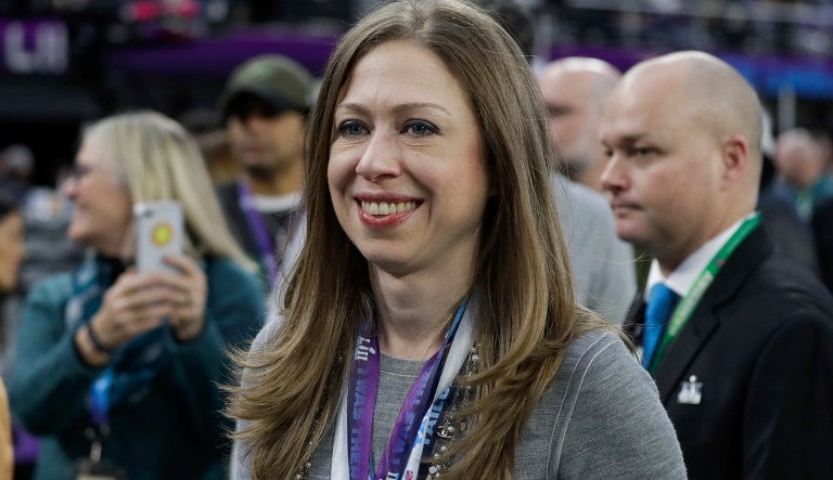 Chelsea Clinton is seen before the NFL Super Bowl 52 football game between the Philadelphia Eagles and the New England Patriots Sunday, Feb. 4, 2018, in Minneapolis. 