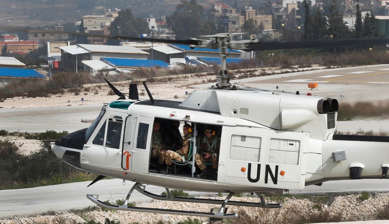 A United Nations helicopter carrying Italian peacekeepers takes off from the UNIFIL headquarters for a patrol over the Blue Line, a U.N.-drawn boundary between Lebanon and Israel, in the costal town of Naqoura, southern Lebanon, Wednesday, Feb. 7, 2018. A statement by the Lebanese Higher Defense Council on Wednesday instructed the country's military to confront any Israeli "aggression" on its land or maritime borders. The statement comes amid escalating tensions between the two neighbors, who are technically at war.