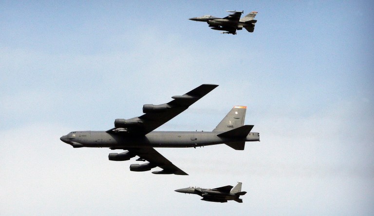 In this Jan. 10, 2016, file photo, a U.S. Air Force B-52 bomber flies over Osan Air Base in Pyeongtaek, South Korea.